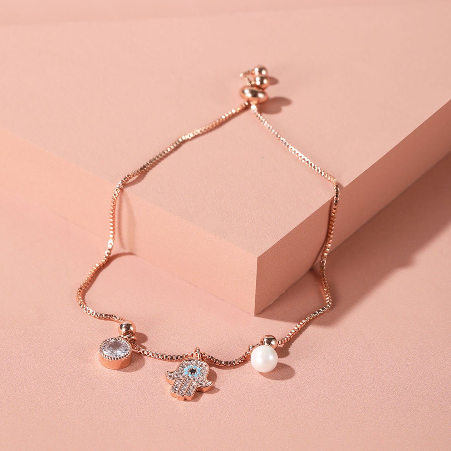 Rose Gold CZ Studded Circle and Pearl Bracelet