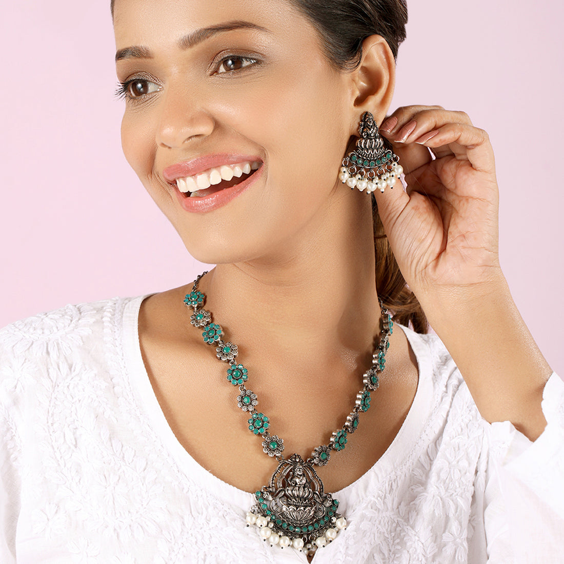 Tribal india Oxidised Silver and Jade Stone Set