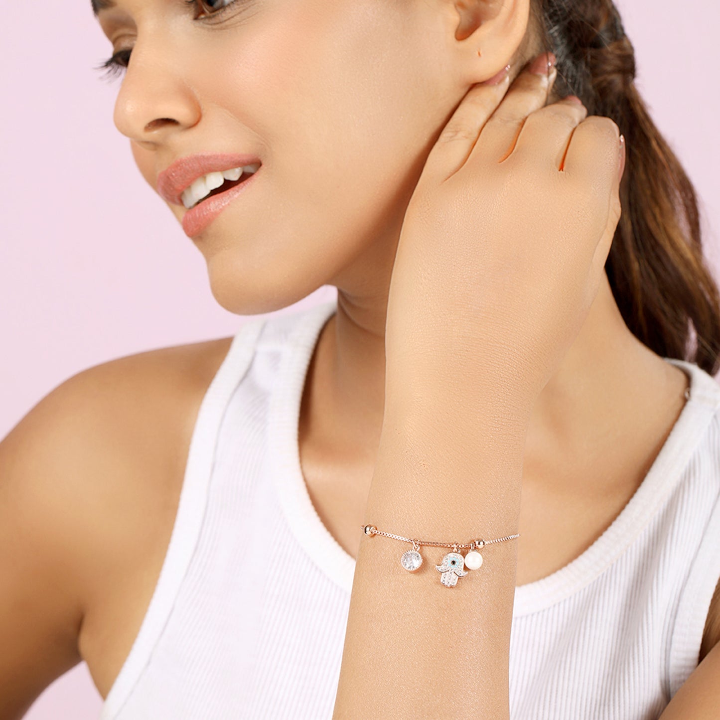 Rose Gold CZ Studded Circle and Pearl Bracelet