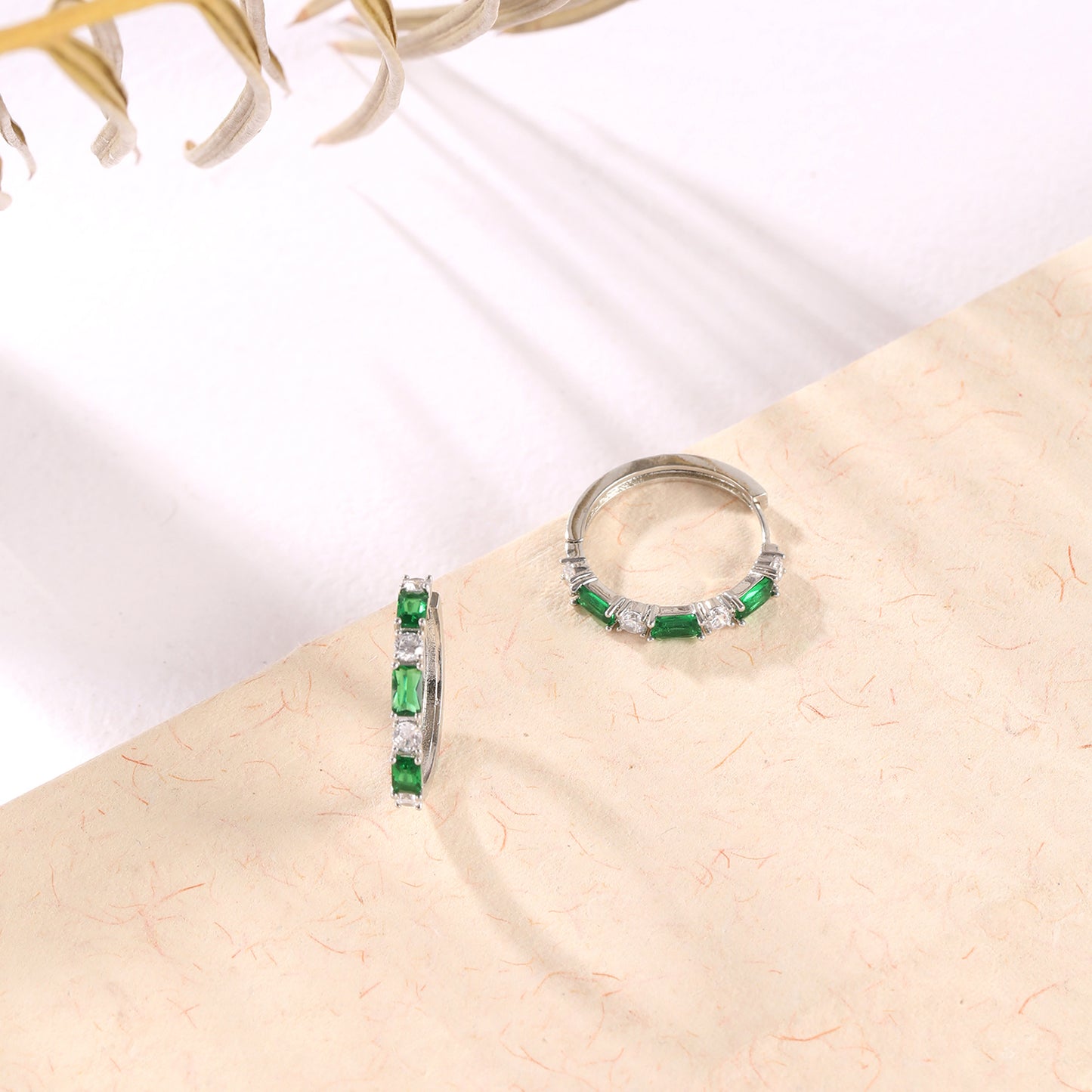 Emerald and Silver Hoops with American Diamonds Earrings