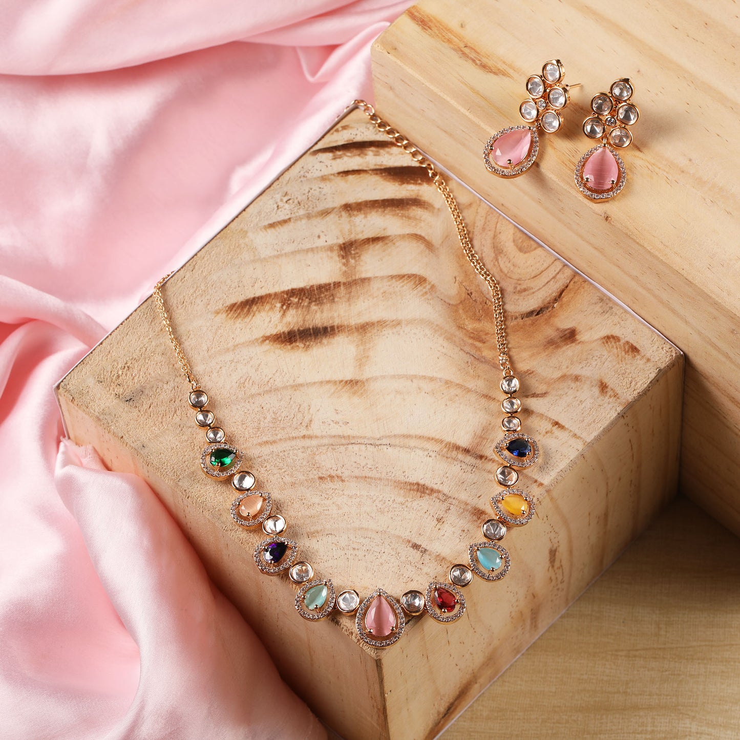 Stunning Multi Color Rose Polish Kundan Diamond Necklace Set with Earrings