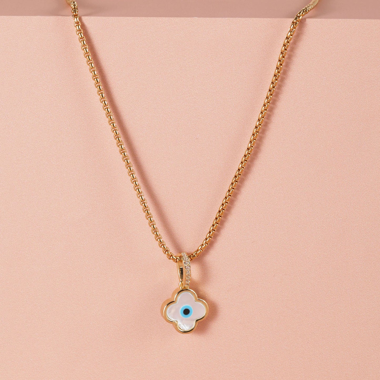 Evil Eye Mother of Pearl Pendant with Gold Chain