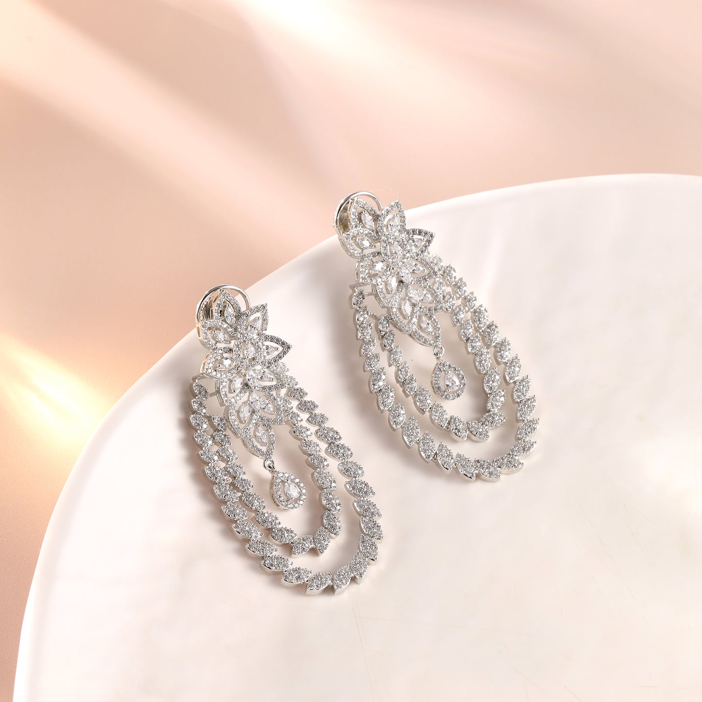Designer Flower Silver and Glass Dangler Earrings