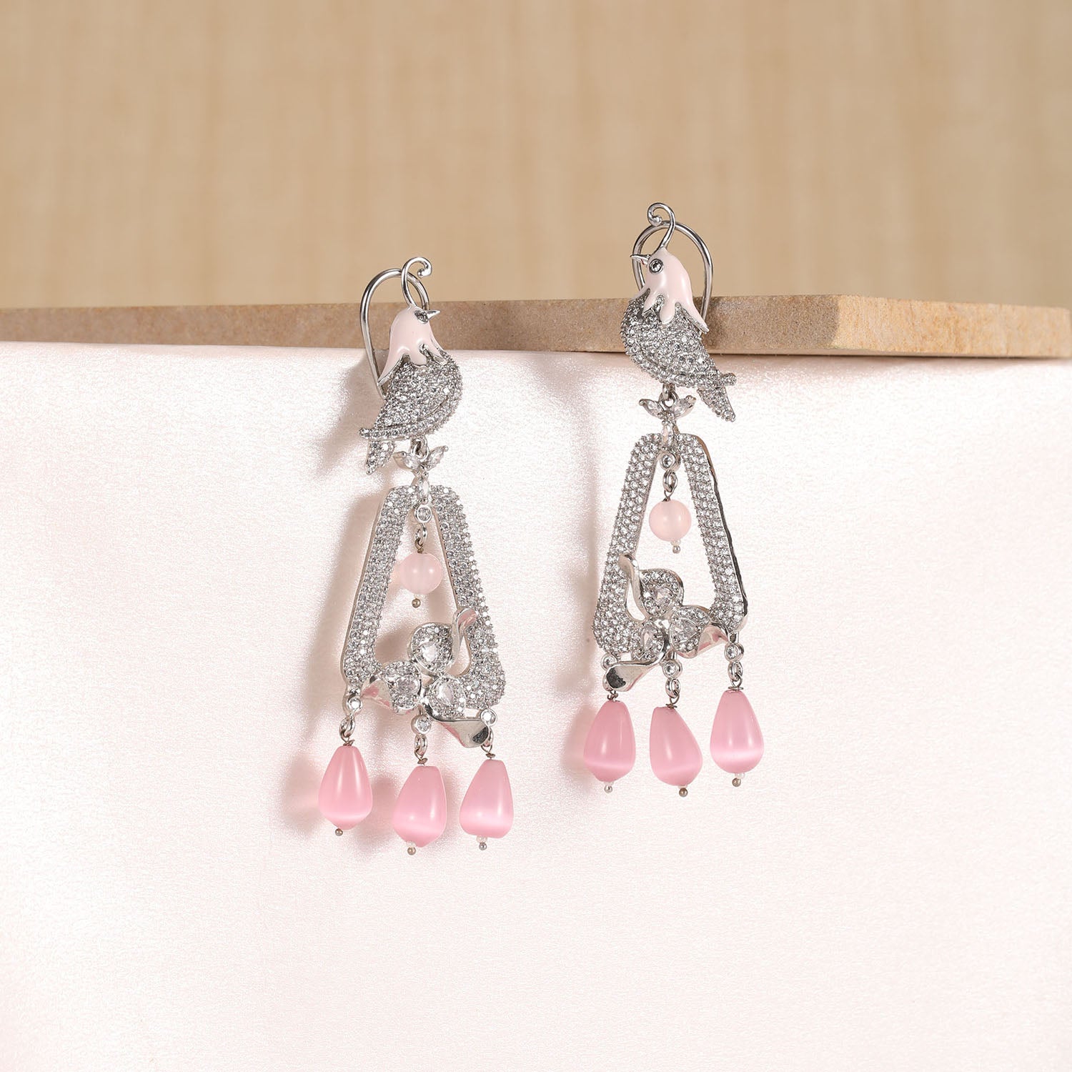 Silver and Rose Gem Drop Dangler Earrings