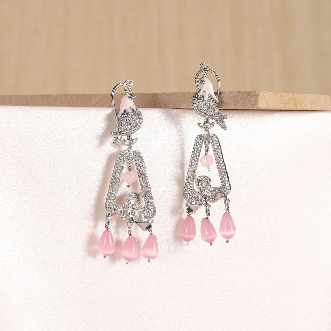 Silver and Rose Gem Drop Dangler Earrings