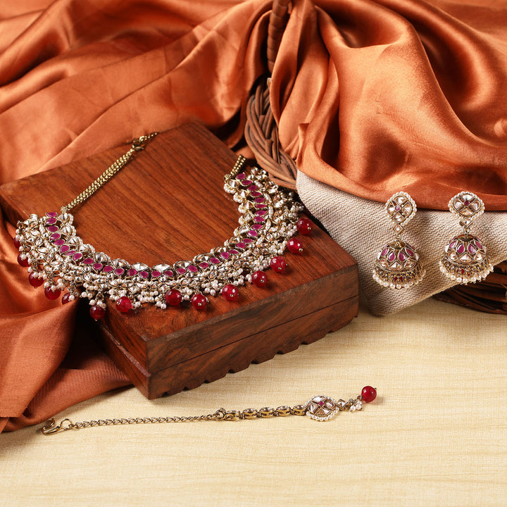 Ruby Gold Polish Necklace With Earrings And Tika Set