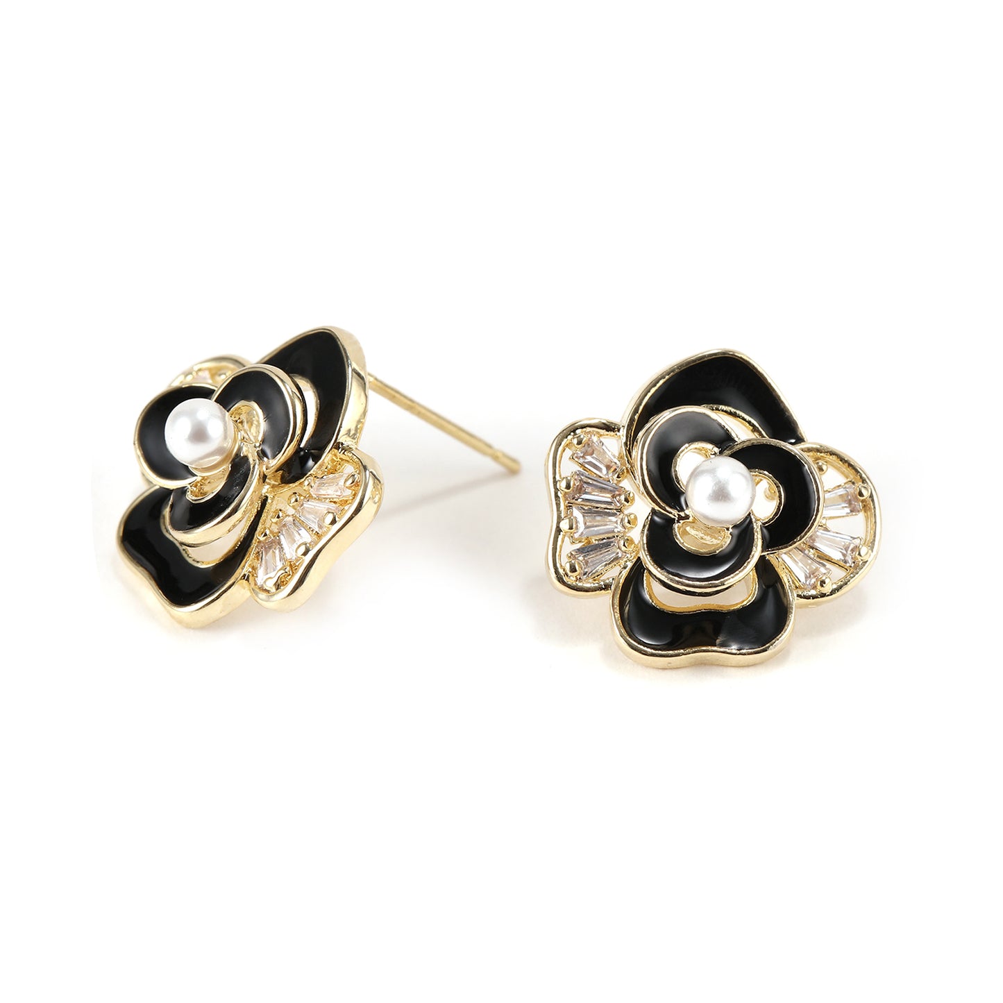 French Enamel Black and Gold Statement Flower Studs with Pearl