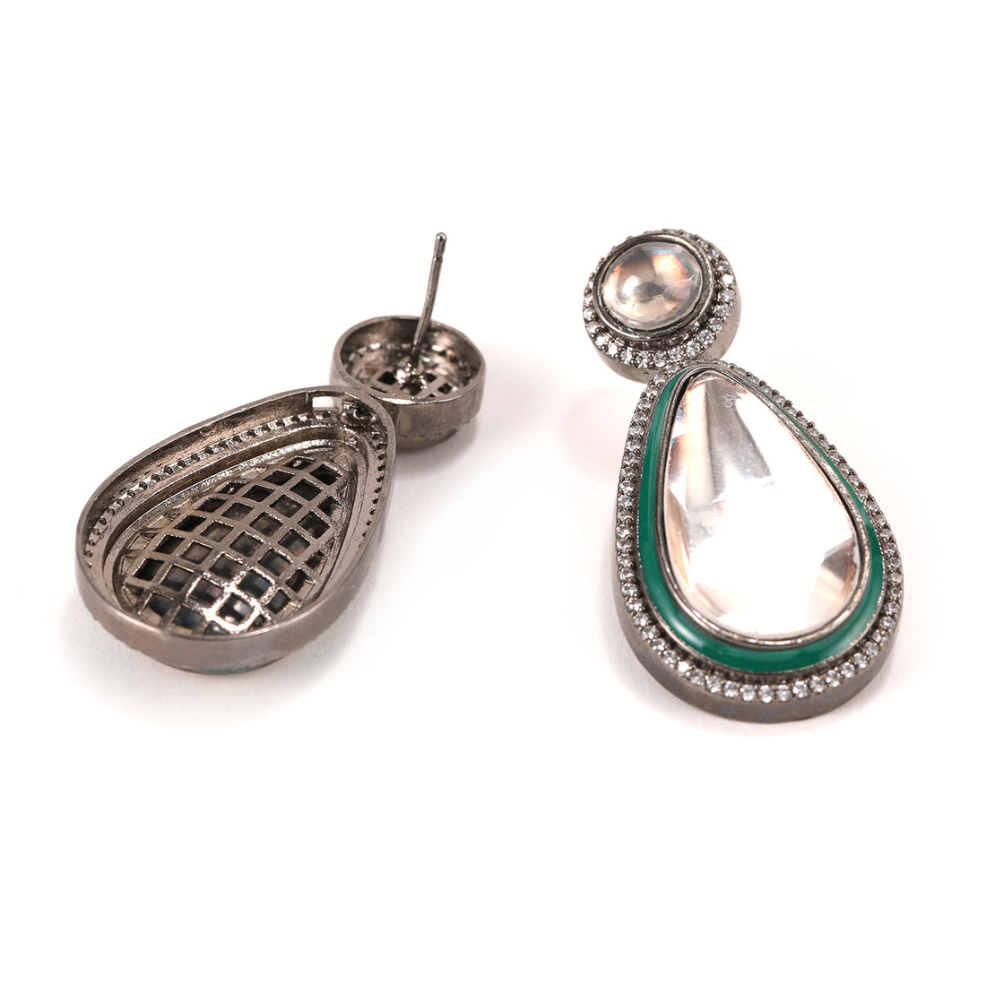 Teardrop with Green Enamel Dangler Earrings