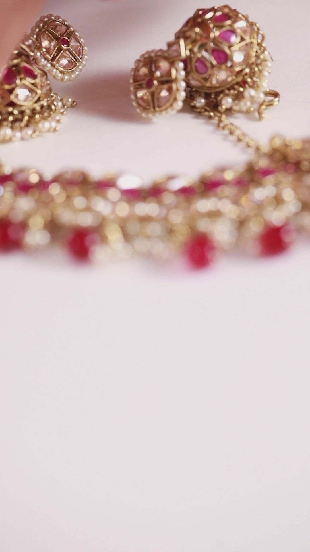 Ruby Gold Polish Necklace With Earrings And Tika Set