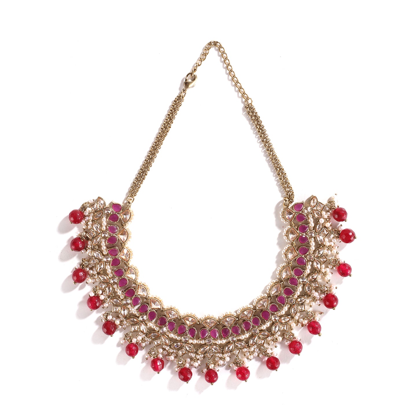 Ruby Gold Polish Necklace With Earrings And Tika Set