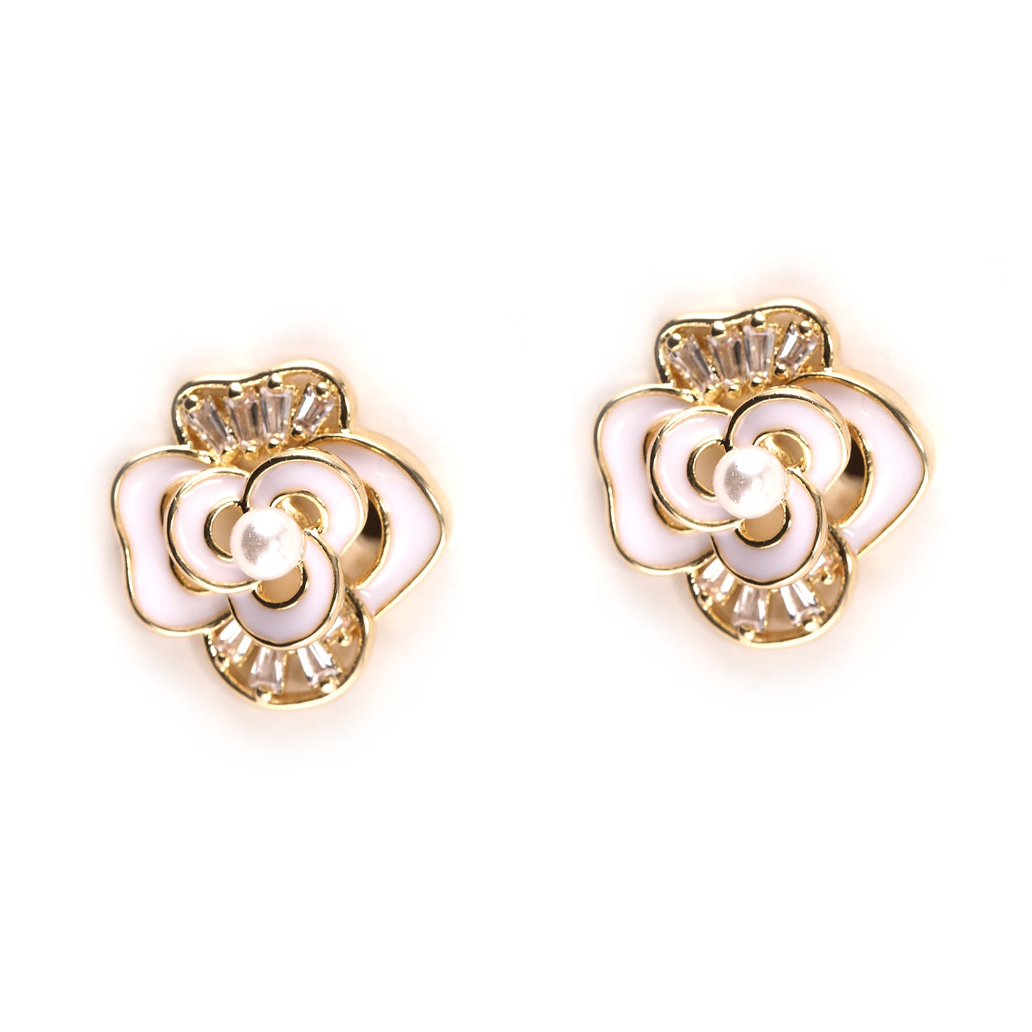 French Enamel Black and Gold Statement Flower Studs with Pearl
