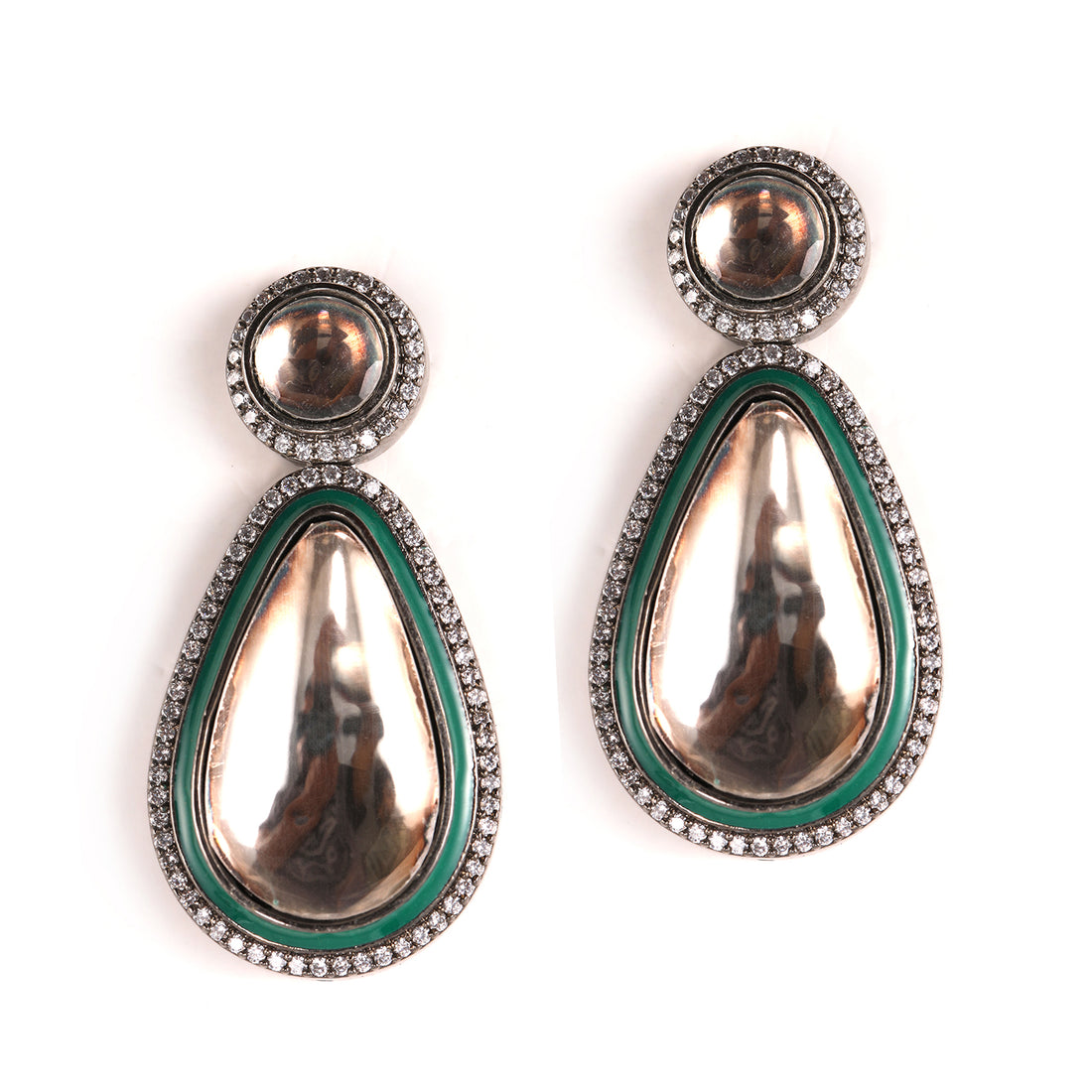 Teardrop with Green Enamel Dangler Earrings