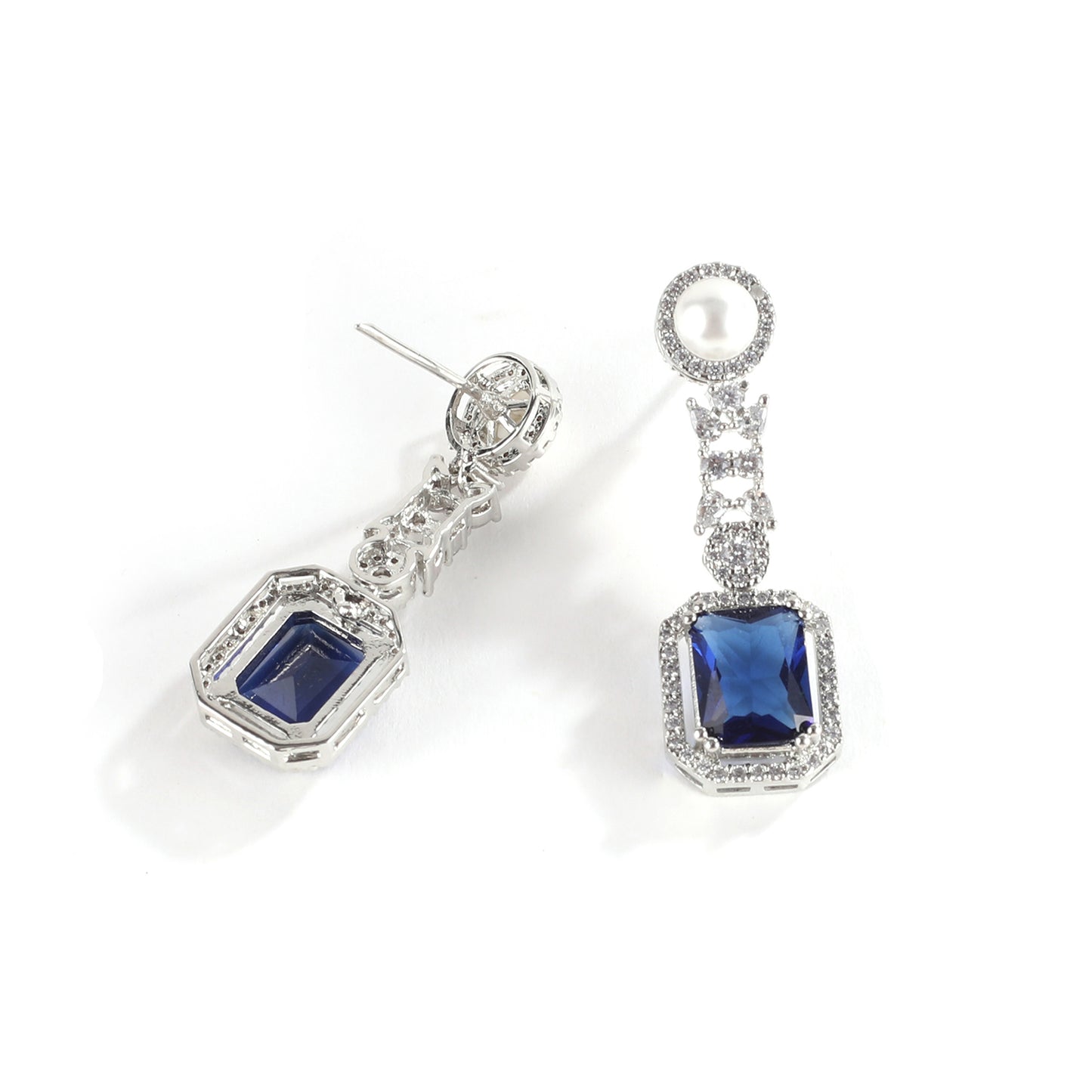Designer Victorian Silver Polish Studded Pendant Style Sapphire Necklace Set with Earrings