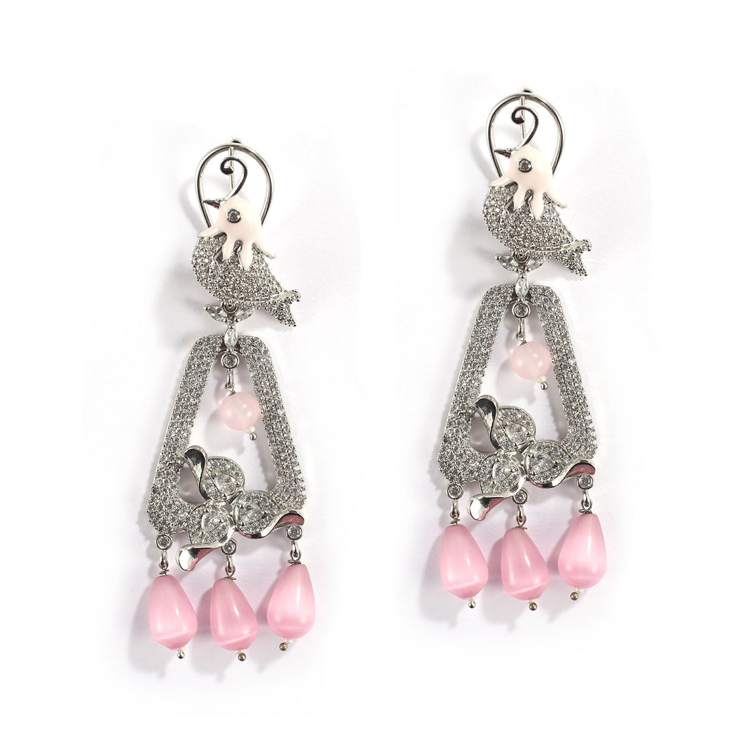 Silver and Rose Gem Drop Dangler Earrings