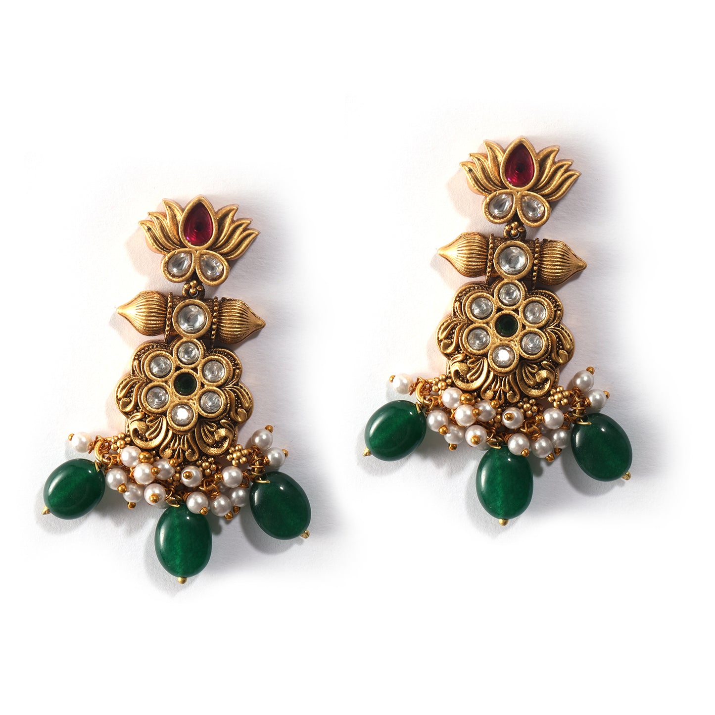 Vintage Flower India Gold with Pearl Drop Dangler Earrings
