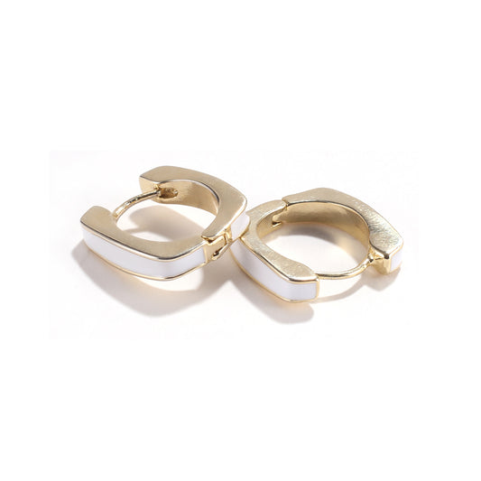 Enameld Gold and White Square Hoop Earrings
