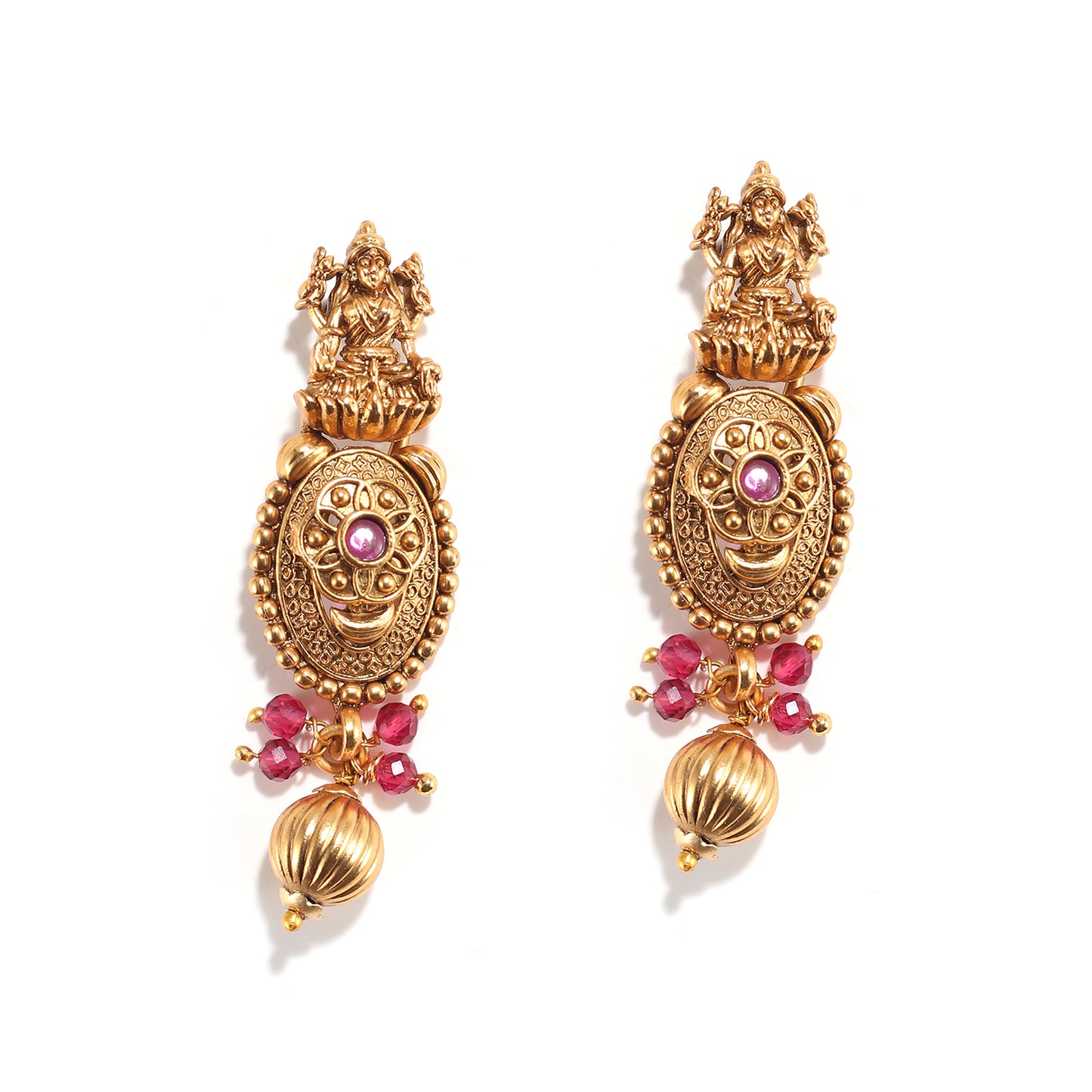 Women's Mahalakshmi Vintage India Gold and Ruby Studded Dangler Temple Earrings