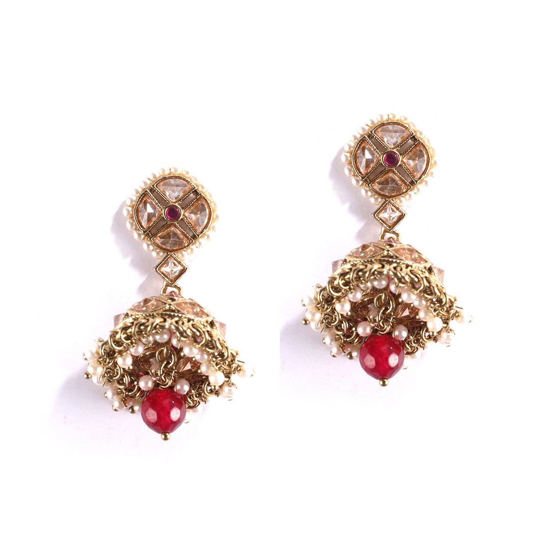 Ruby Gold Polish Necklace With Earrings And Tika Set