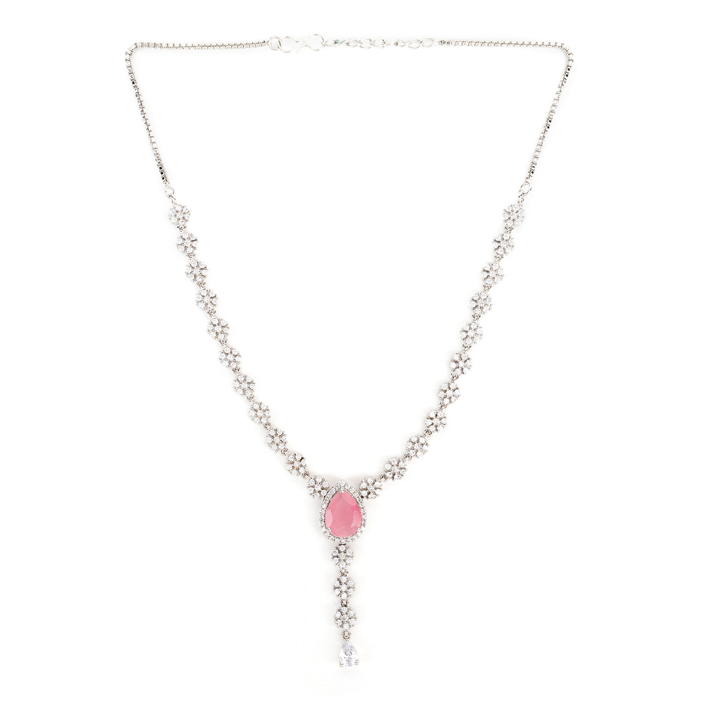 Rhodium Plated Pink Sapphire and Diamond Necklace Set .