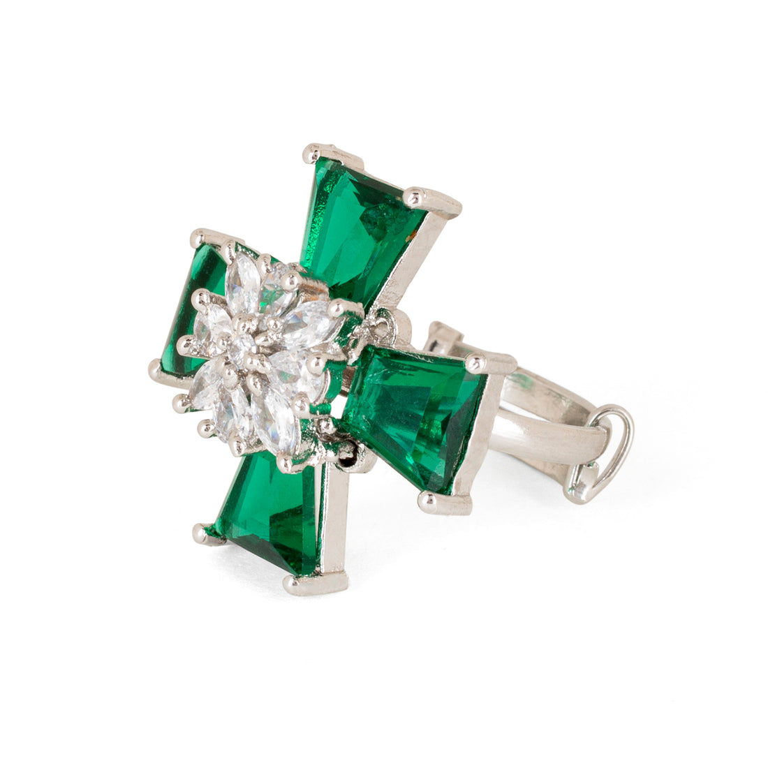 Statement Emerald Ring with Diamonds and Silver - Rhodium Plating (Adjustable)