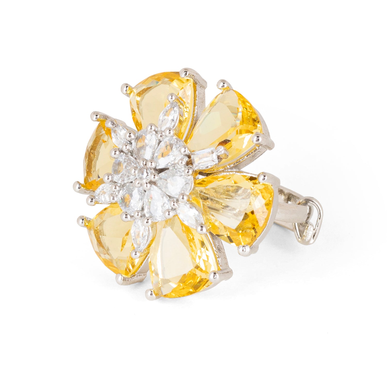 Yellow Sapphire Statement Diamond Ring with Silver Rhodium Plating (Adjustable)