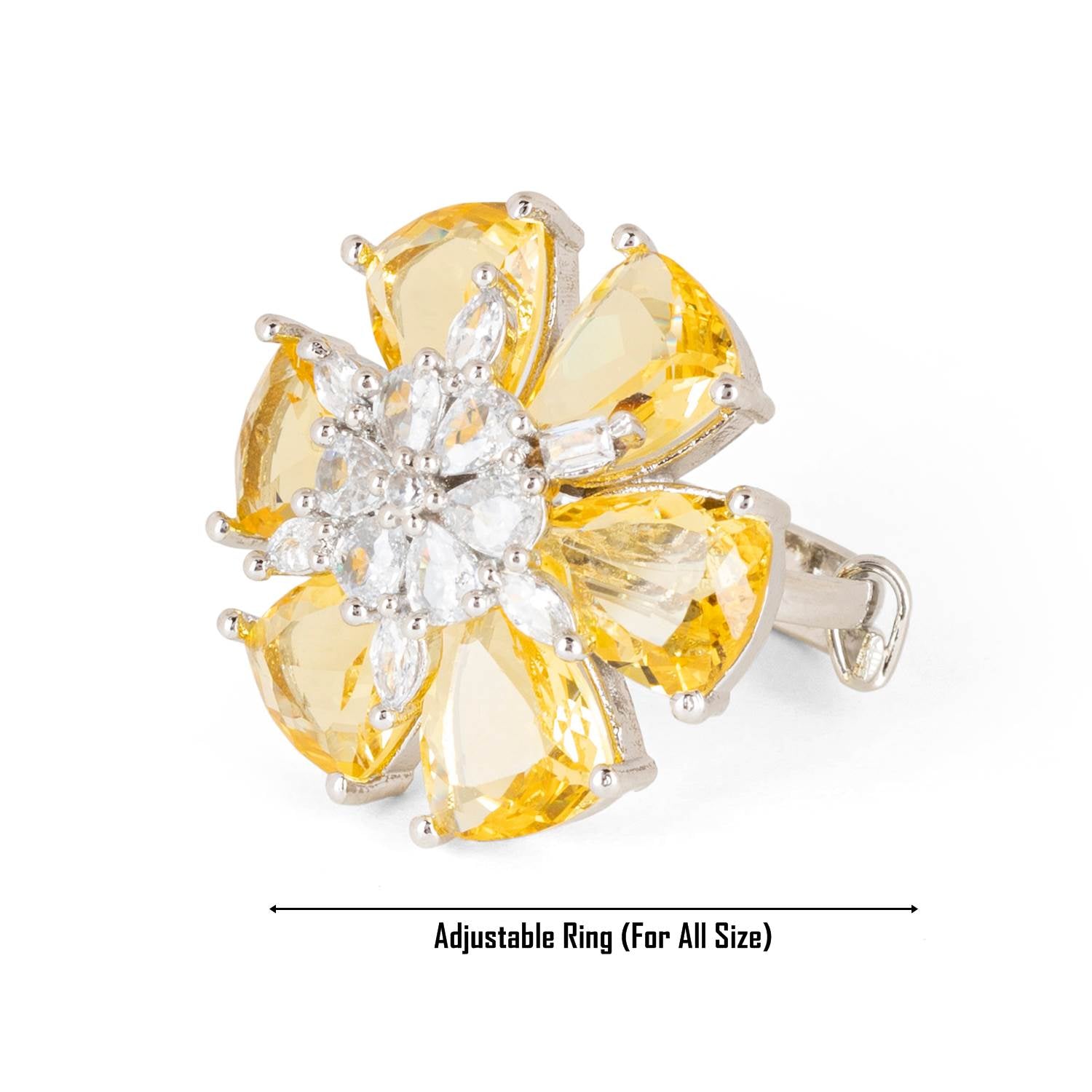 Yellow Sapphire Statement Diamond Ring with Silver Rhodium Plating (Adjustable)