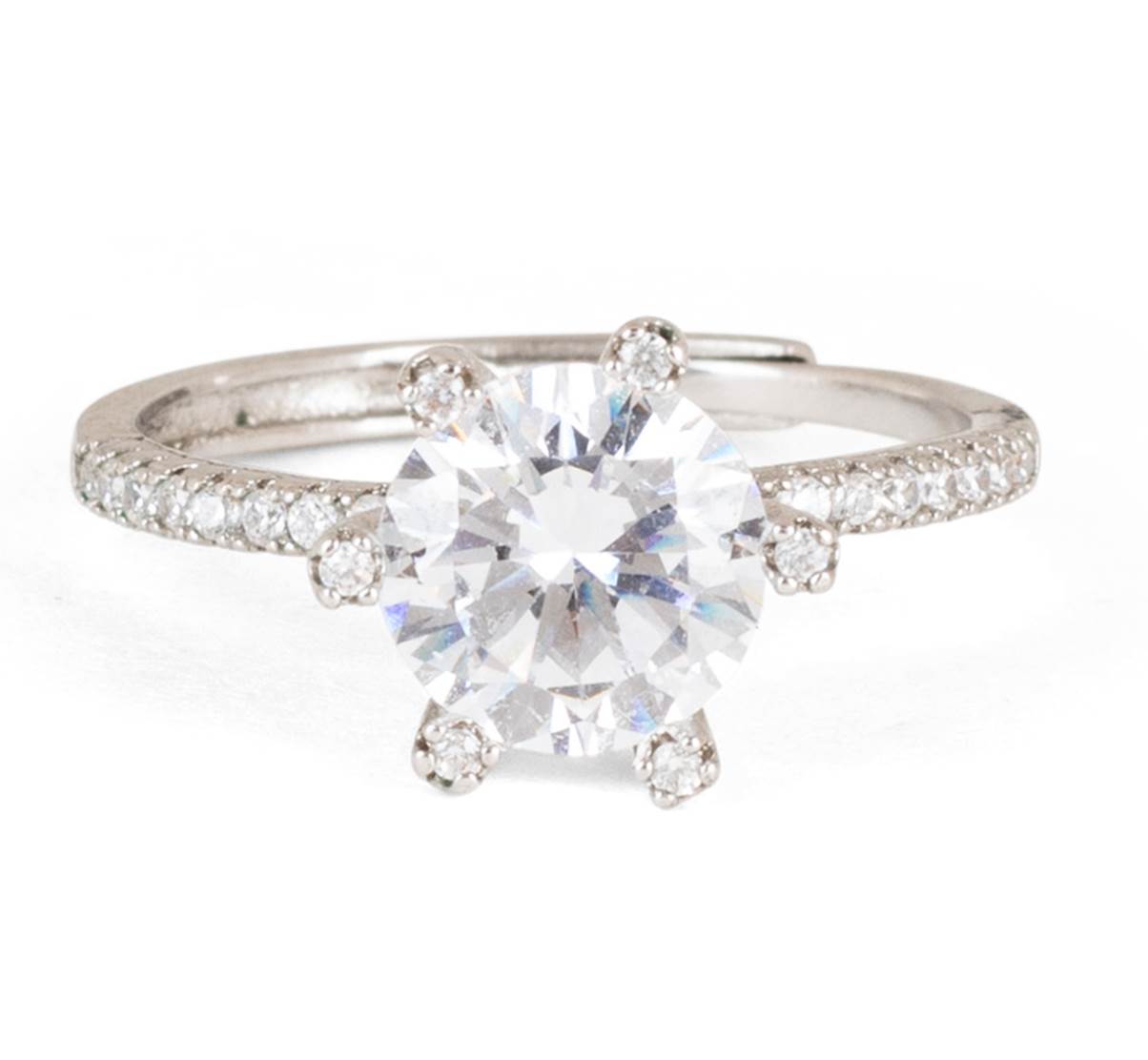 Leading Lady Solitaire Ring in Silver Rhodium Plating and CZ Stones (Adjustable)