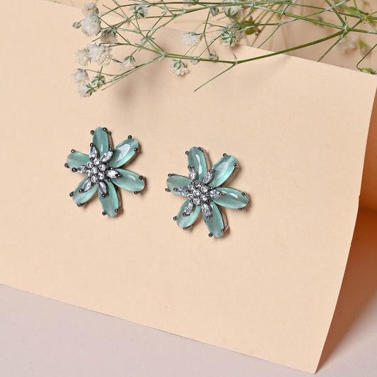 Jade Flower Earrings with Cubic Zirconia and Silver-Rhodium Plating