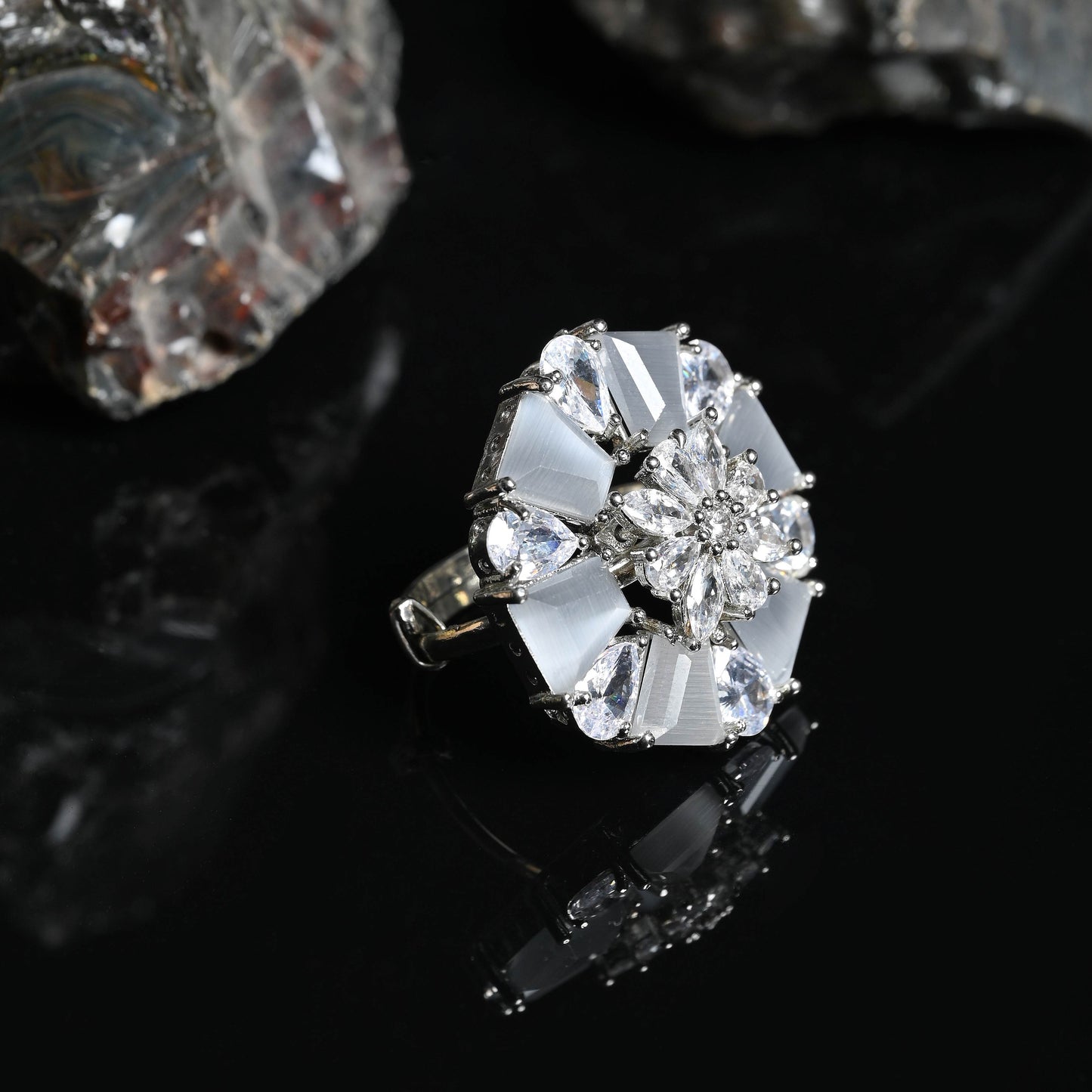 Grey Sapphire Studded Statement Diamond Ring with Silver rhodium Plating (Adjustable)