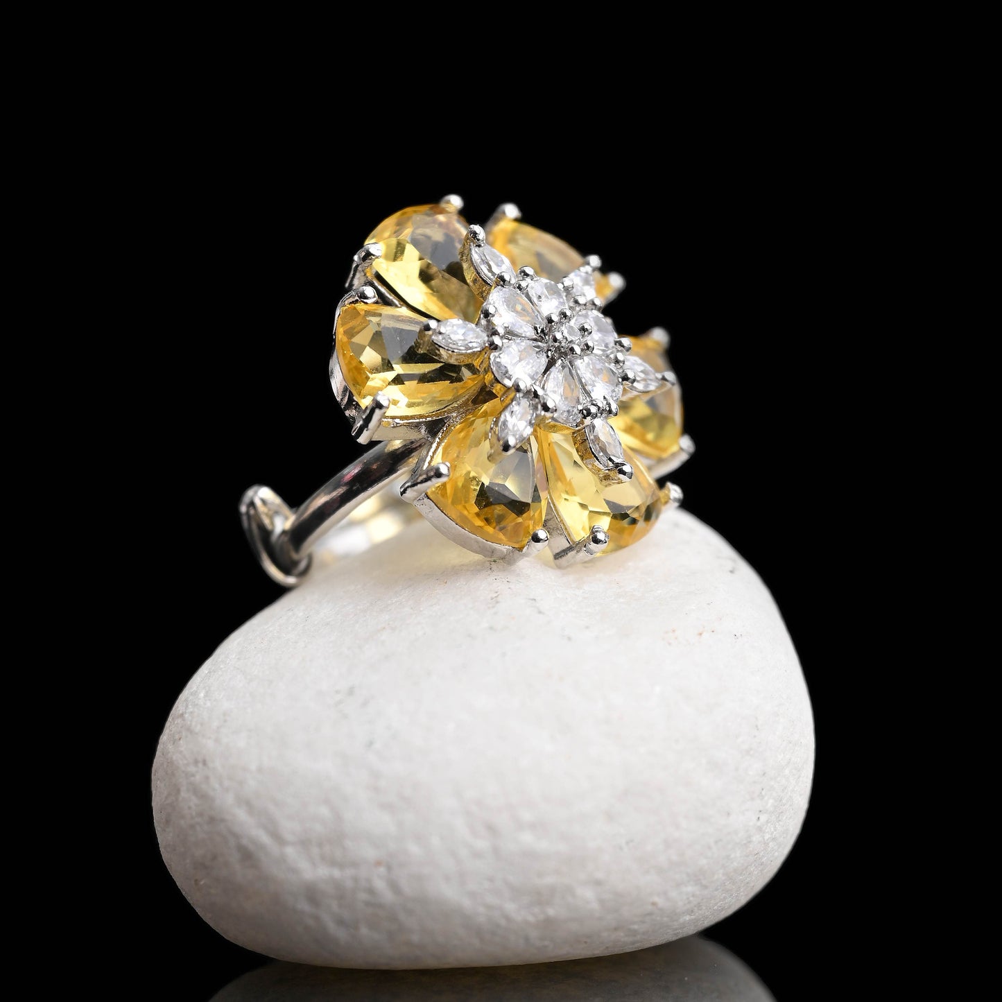 Yellow Sapphire Statement Diamond Ring with Silver Rhodium Plating (Adjustable)