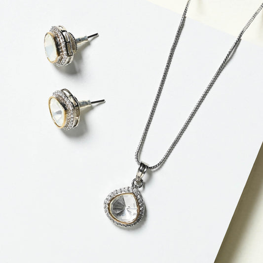 Rhodium and Silver Plated Hypoallergenic Polki Necklace Set with Stud Earrings