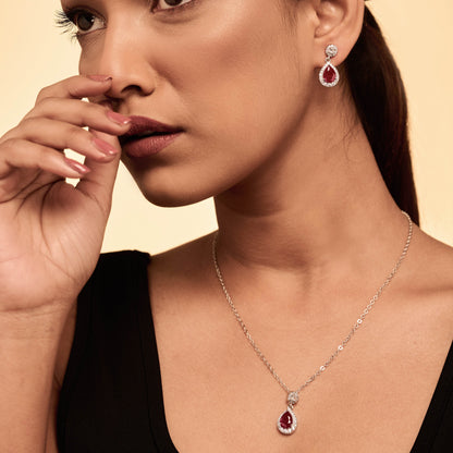 Diamond Drop Necklace Set with Matching Earrings in Silver-Rhodium Plating