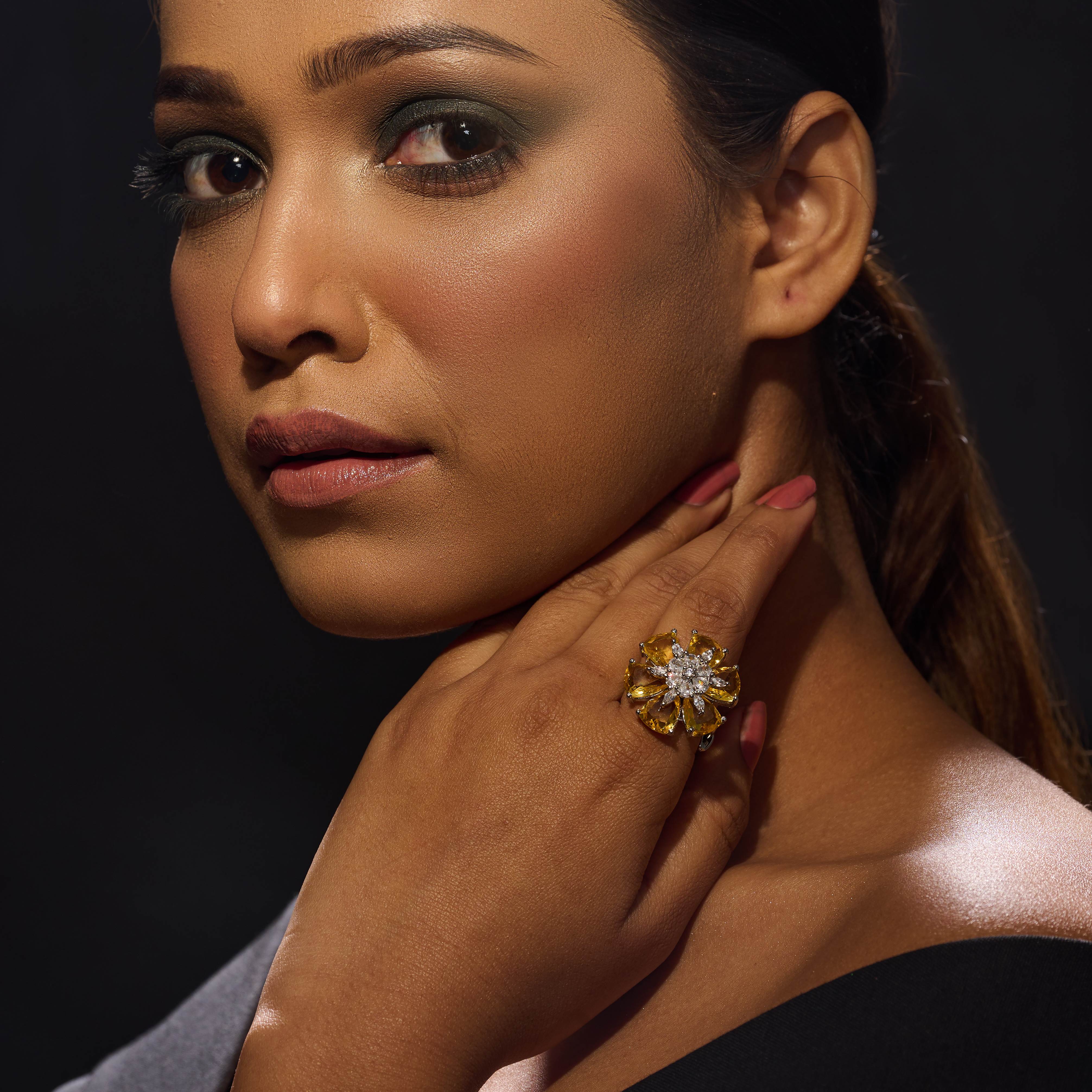 Yellow Sapphire Statement Diamond Ring with Silver Rhodium Plating (Adjustable)