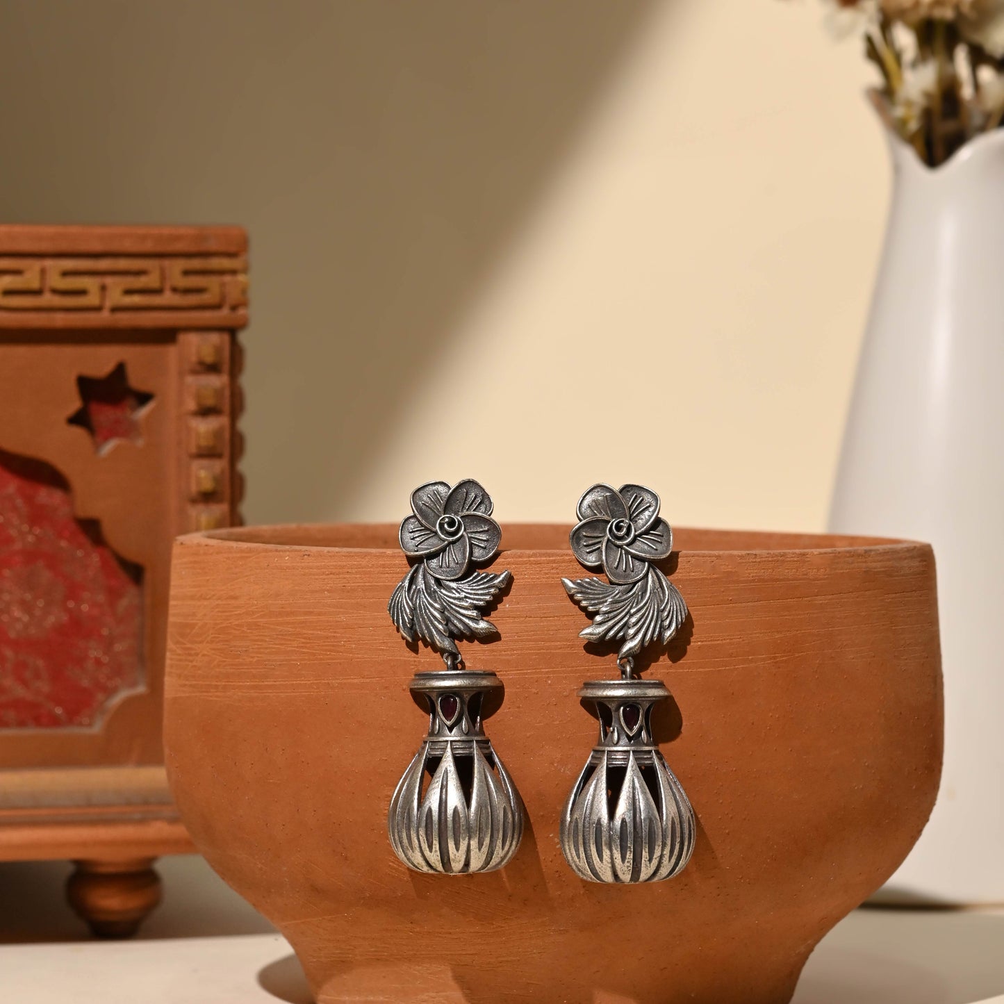 Vintage Silver Oxidised Dholki Tribal Earrings