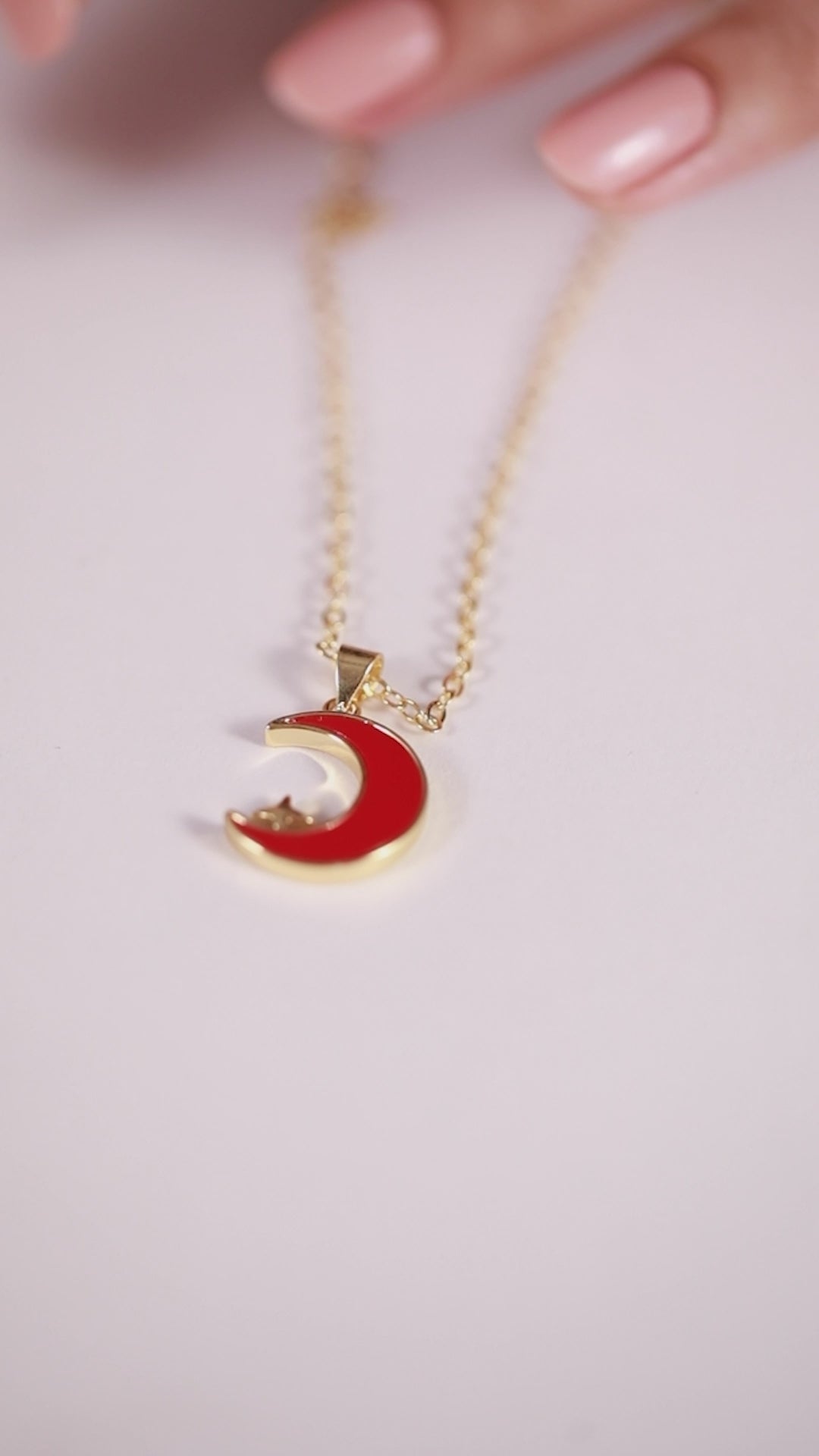 Red Moon Pendant with Gold Chain